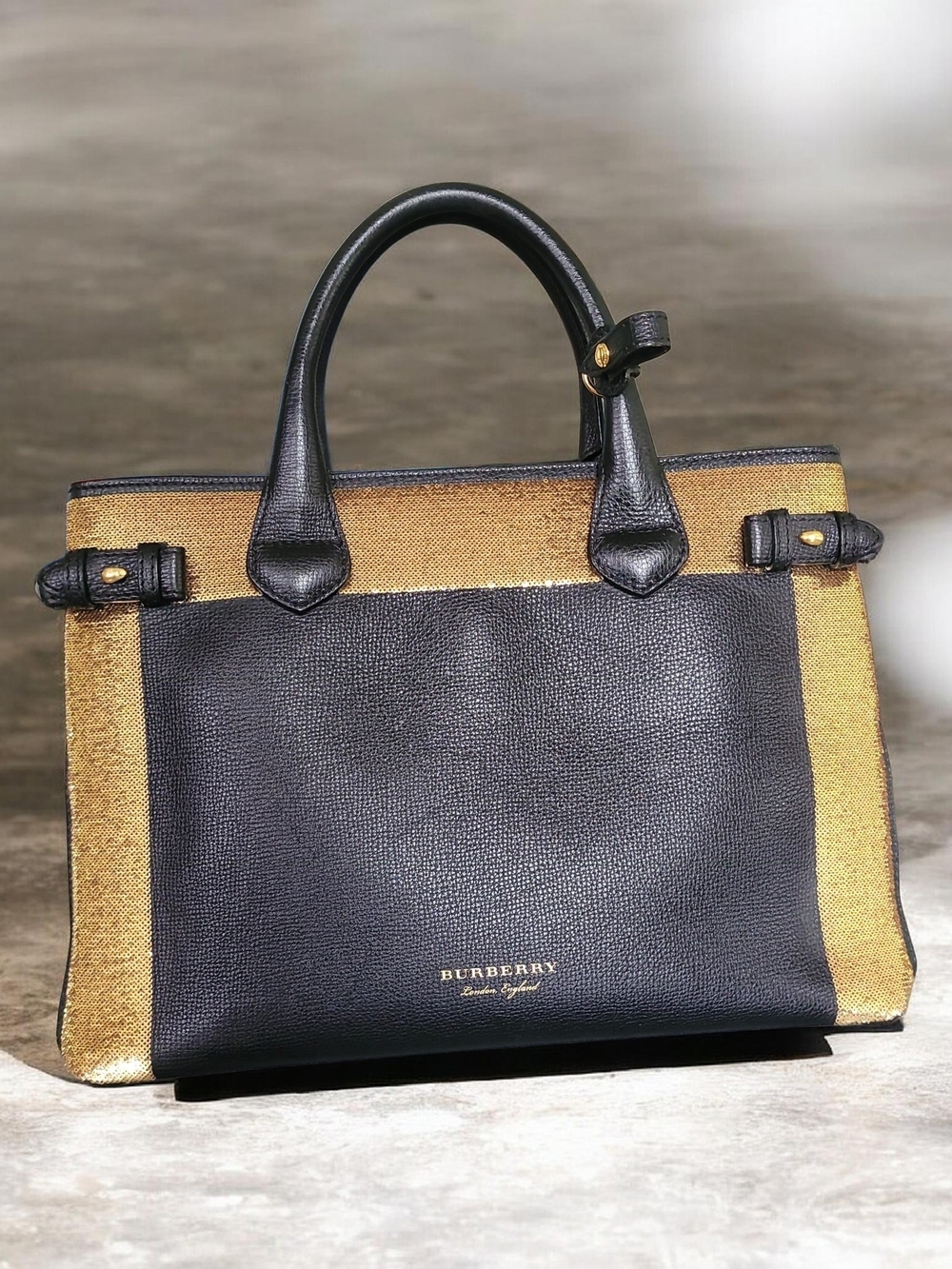 Burberry Banner Gold Sequin & Black Leather Medium Handbag Lmtd Edition